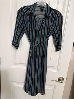 Enfocus Studio Black Striped Midi Wrap Dress with Blue & White Accents